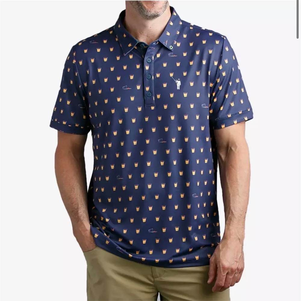 William Murray Golf Polo Mens Large Navy Blue Old Fashioned Cocktail Print Shirt